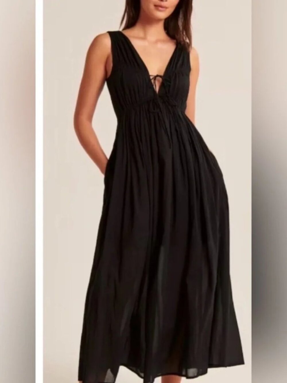 Abercrombie & Fitch 100% Cotton Maxi Midi Dress Black Tie Ruched No Bra Beach